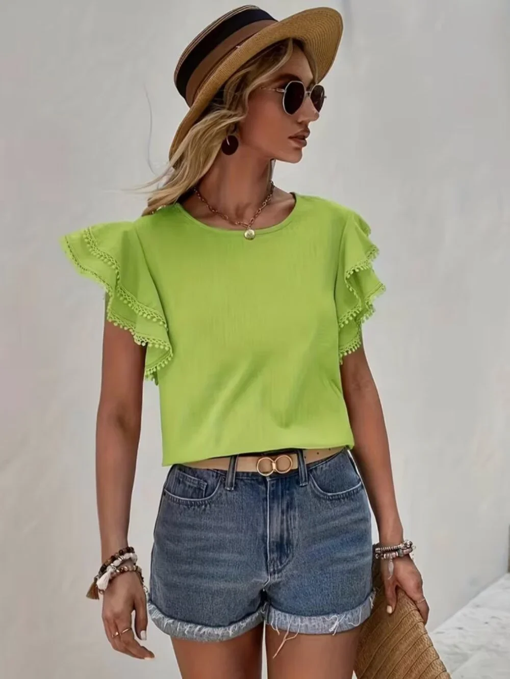 Solid Crew Neck Blouse, Elegant Layered Ruffle Sleeve Top - Picture 5 of 5